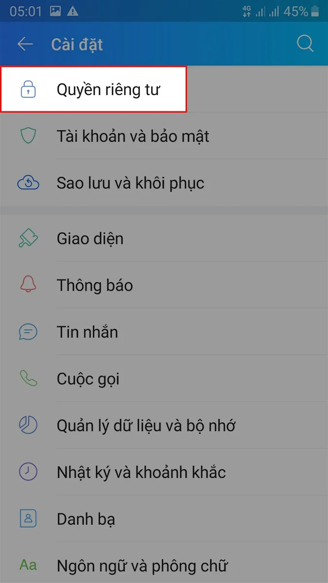 Chọn Quyền riêng tư