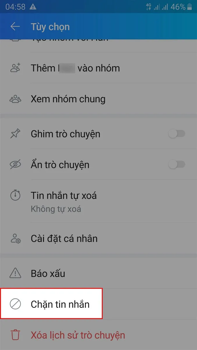 Kéo xuống chọn mục Chặn tin nhắn