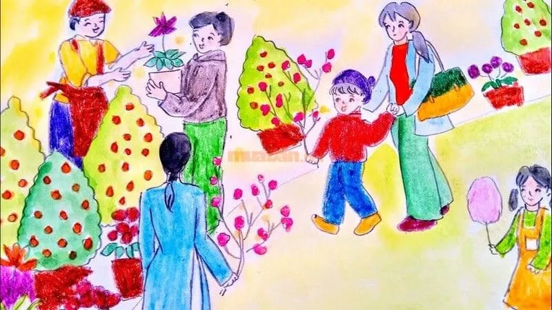 Vẽ tranh bé cùng mẹ đi chợ hoa ngày Tết