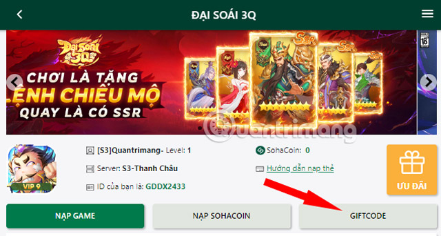 Hướng dẫn nhập code Đại Soái 3Q