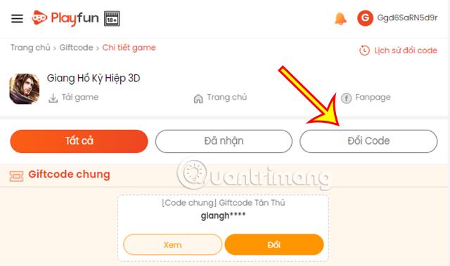 code-giang-ho-ky-hiep-5 Nhấn vào phần Đổi Code.