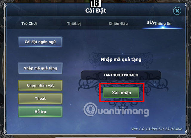 code-hiep-khach-mobile-5 Chọn mục Thông tin và điền mã code vào ô trống bấm Xác nhận.