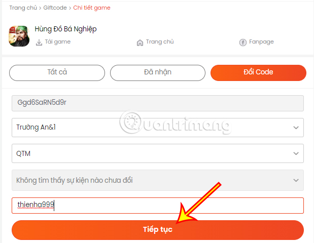 code-hung-do-ba-nghiep-5 Tiến hành nhập code rồi nhấn Tiếp tục.