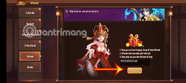 code-quoc-chien-3q-5 Điền code game rồi nhấn Nhận gói quà.