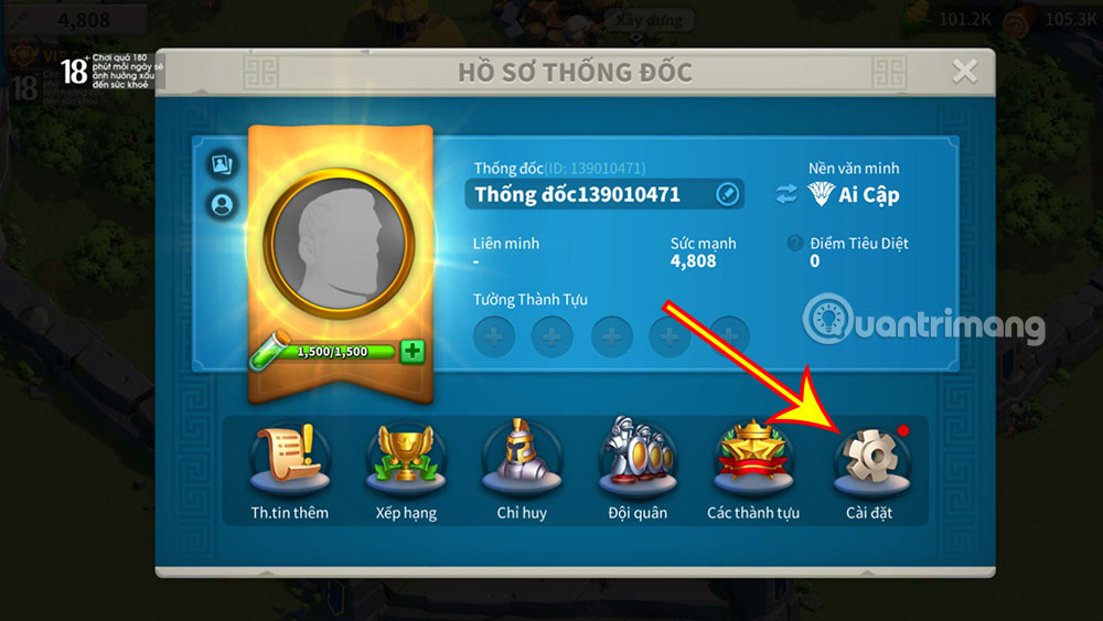code-rok-4 Ấn vào mục Cài đặt.
