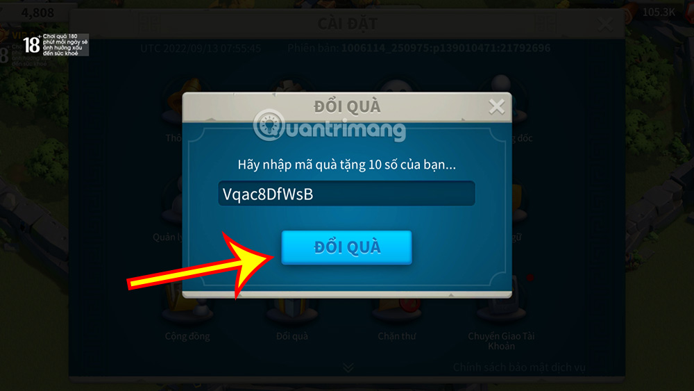 code-rok-6 Điền mã code vào ô trống rồi nhấn Đổi quà.