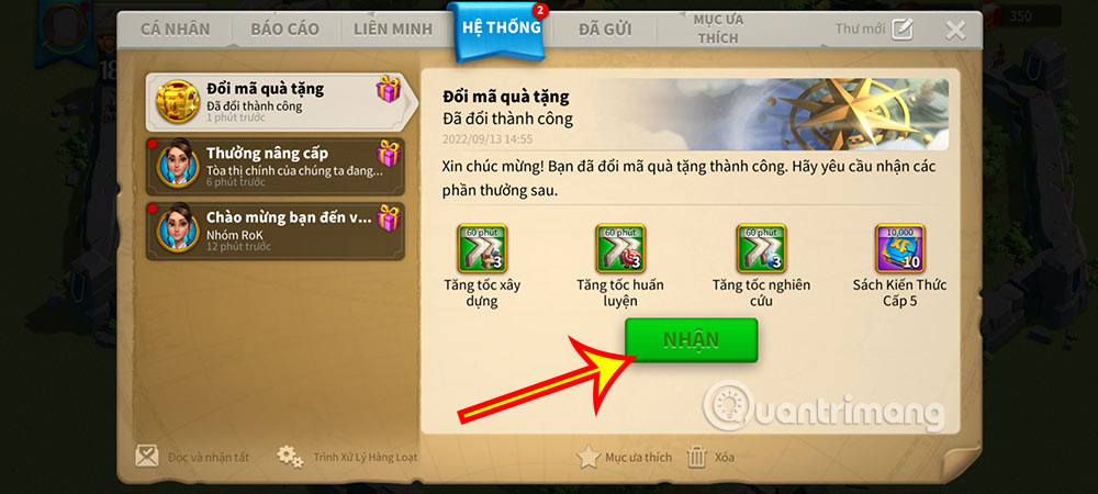 code-rok-8 Nhấn nút Nhận để thu thập vật phẩm