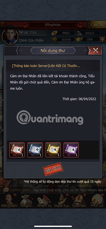 code-ta-la-quan-lao-gia-7 Mở mục Thư Tín để nhận phần quà tương ứng với giftcode đã nhập.
