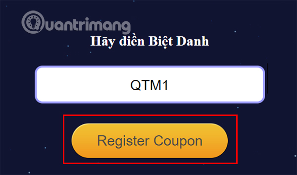 code-vahns-quest-5 Điền tên tài khoản game của bạn rồi nhấn Register Coupon.